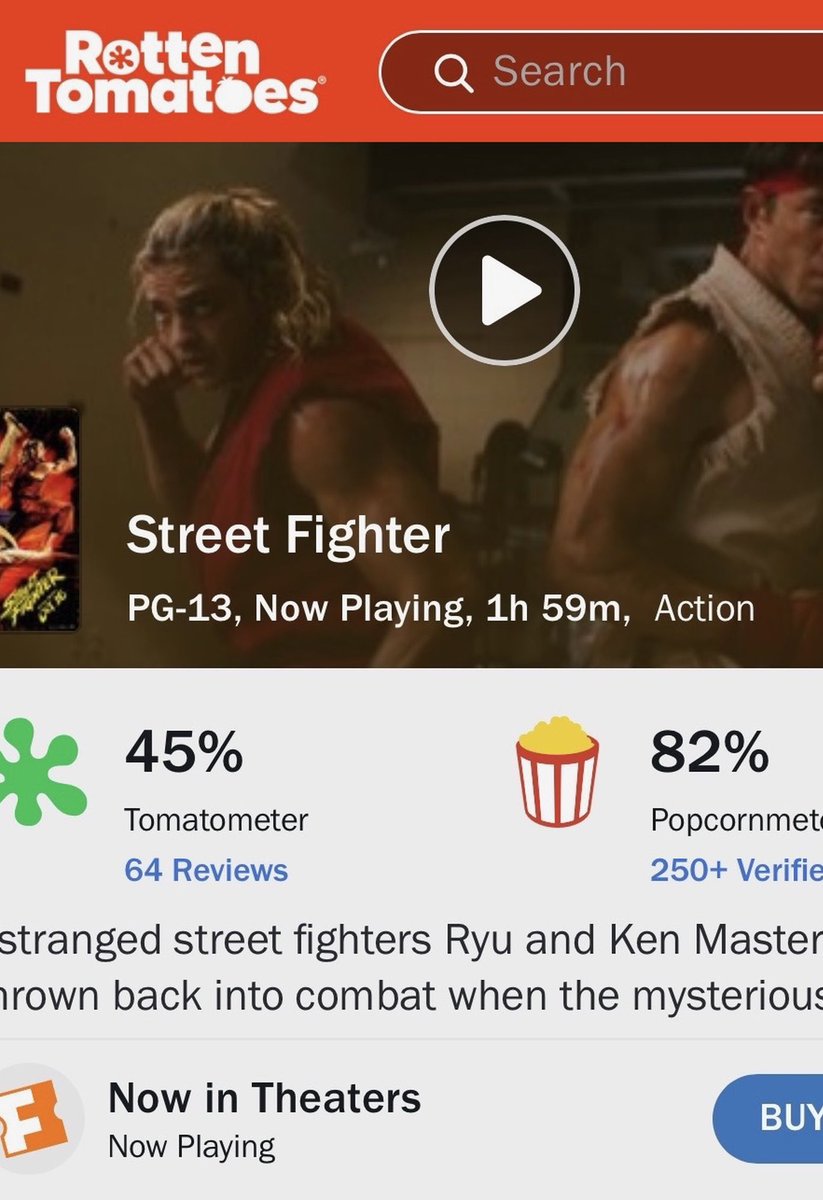 DiscussingFilm's tweet photo. ‘STREET FIGHTER’ is now at 45% on Rotten Tomatoes with the audience score at 82%

Now playing in theaters. https://t.co/x0SjYGlKCO