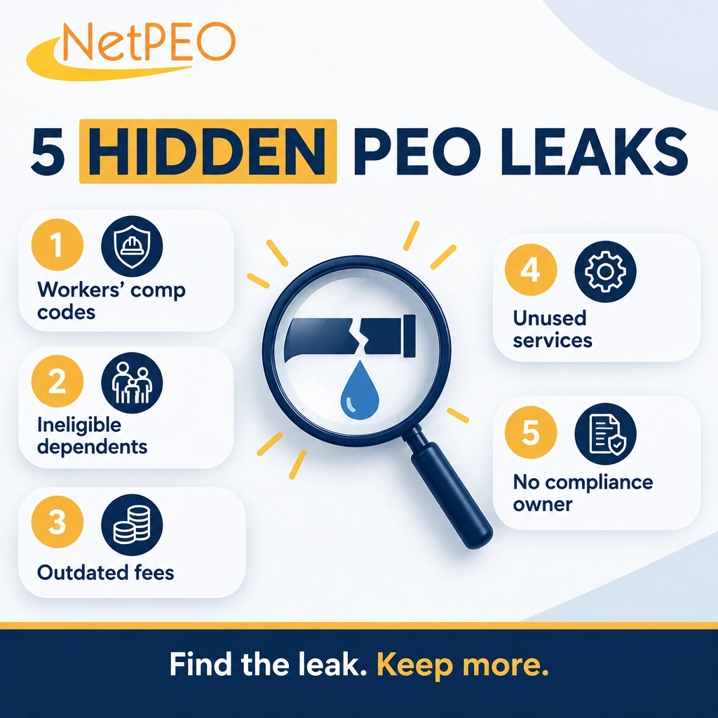netpeo's tweet photo. You can't fix a benefits problem you can't see. So here's the whole list.

5 leaks: comp codes, dependents, fees, unused services, compliance ownership. Which first? 

678-841-7509 

#PEO #PEOBroker #NetPEO #PEOrevolution https://t.co/1bijmBIDOz