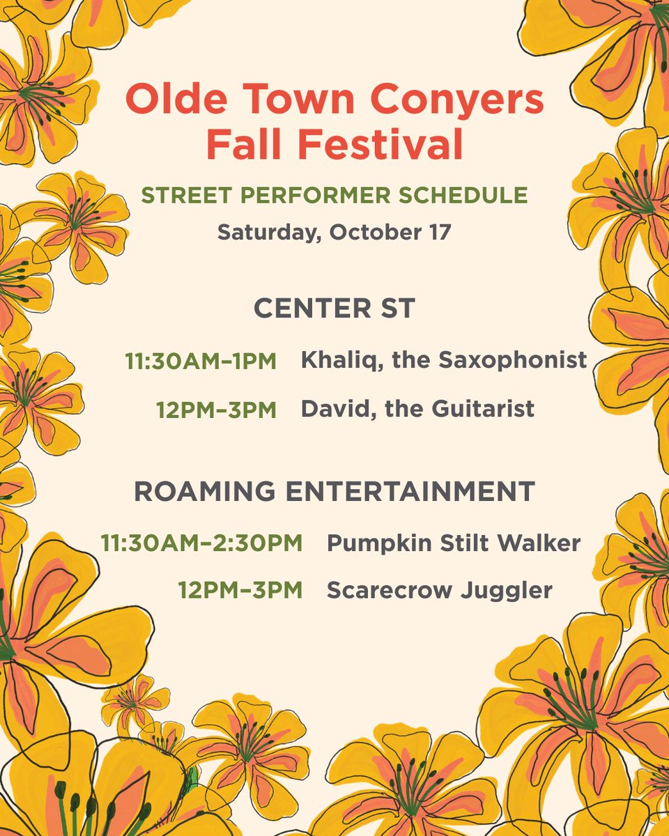 OldeTownConyers's tweet photo. 🎷🎃 Live music, juggling &amp; a pumpkin stilt walker are taking over Center Street at the Olde Town Fall Festival this Saturday, Oct. 17, 10 AM–4 PM!

📍 901 Railroad St.
🎟️ Free admission &amp; parking!

#OldeTownFallFestival #OldeTownConyers #ConyersGA https://t.co/2R8rCKnsO8