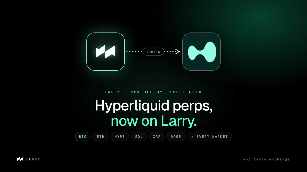 LarryExchange_'s tweet photo. Larry is now powered by Hyperliquid 🟢

Every Hyperliquid perp, traded straight from Larry

→ BTC, ETH, HYPE and every market Hyperliquid lists
→ orders fill on Hyperliquid's order book
→ your funds stay in your own Hyperliquid account
→ one setup, then trade with no wallet popups

Options and 0DTE on Robinhood Chain
Perps powered by Hyperliquid
All in one place

https://t.co/sF3FHzbDLo