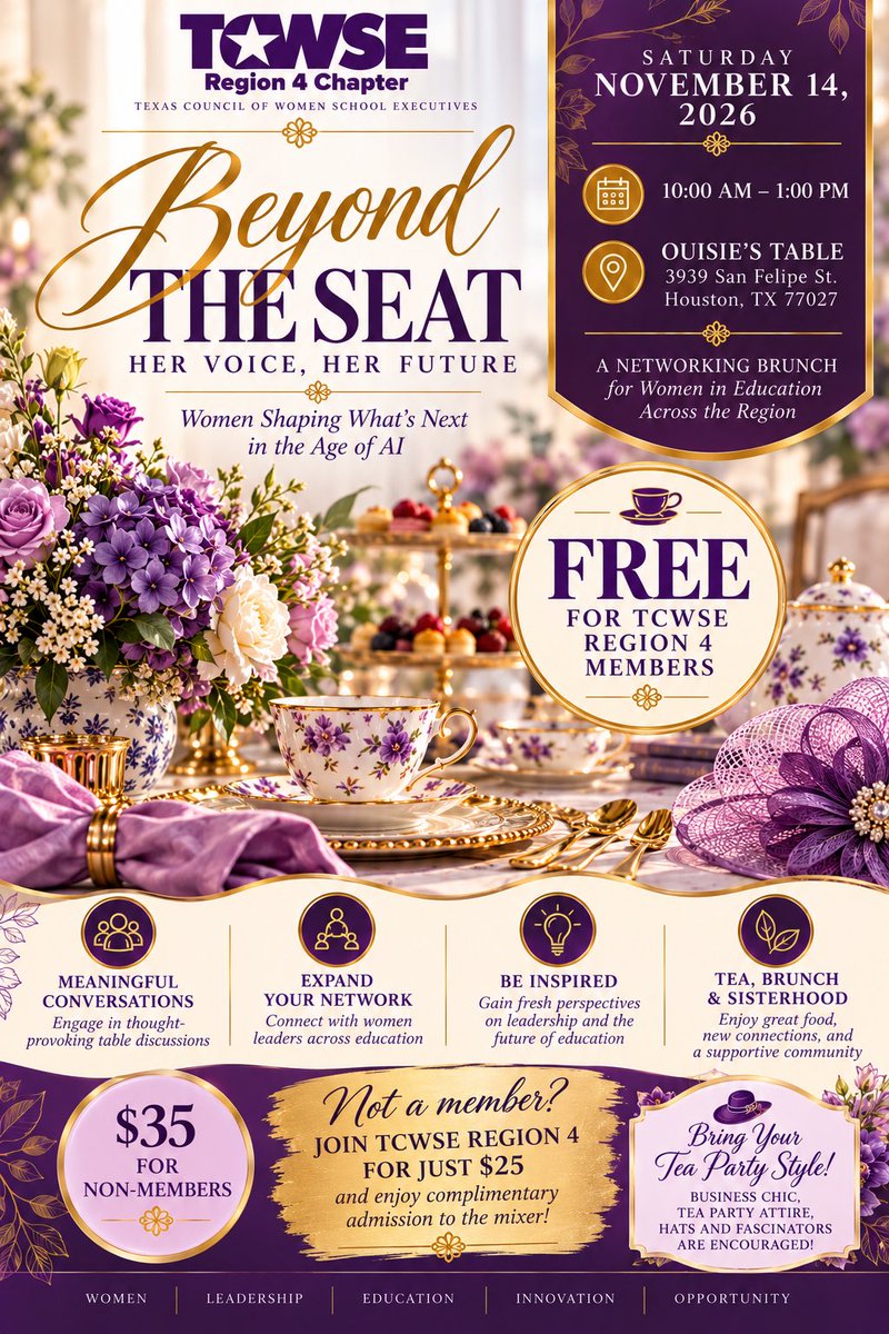 R4TCWSE's tweet photo. 💜 Your seat is waiting!
Join us for an unforgettable morning of sisterhood, meaningful connections, and inspiring conversations at the TCWSE Region 4 Fall Mixer!
✨FREE for TCWSE Region 4 members!
We can’t wait to see you there! 💜
Register today at https://t.co/MTuXSOXbM6 https://t.co/a1J3iVNsI4