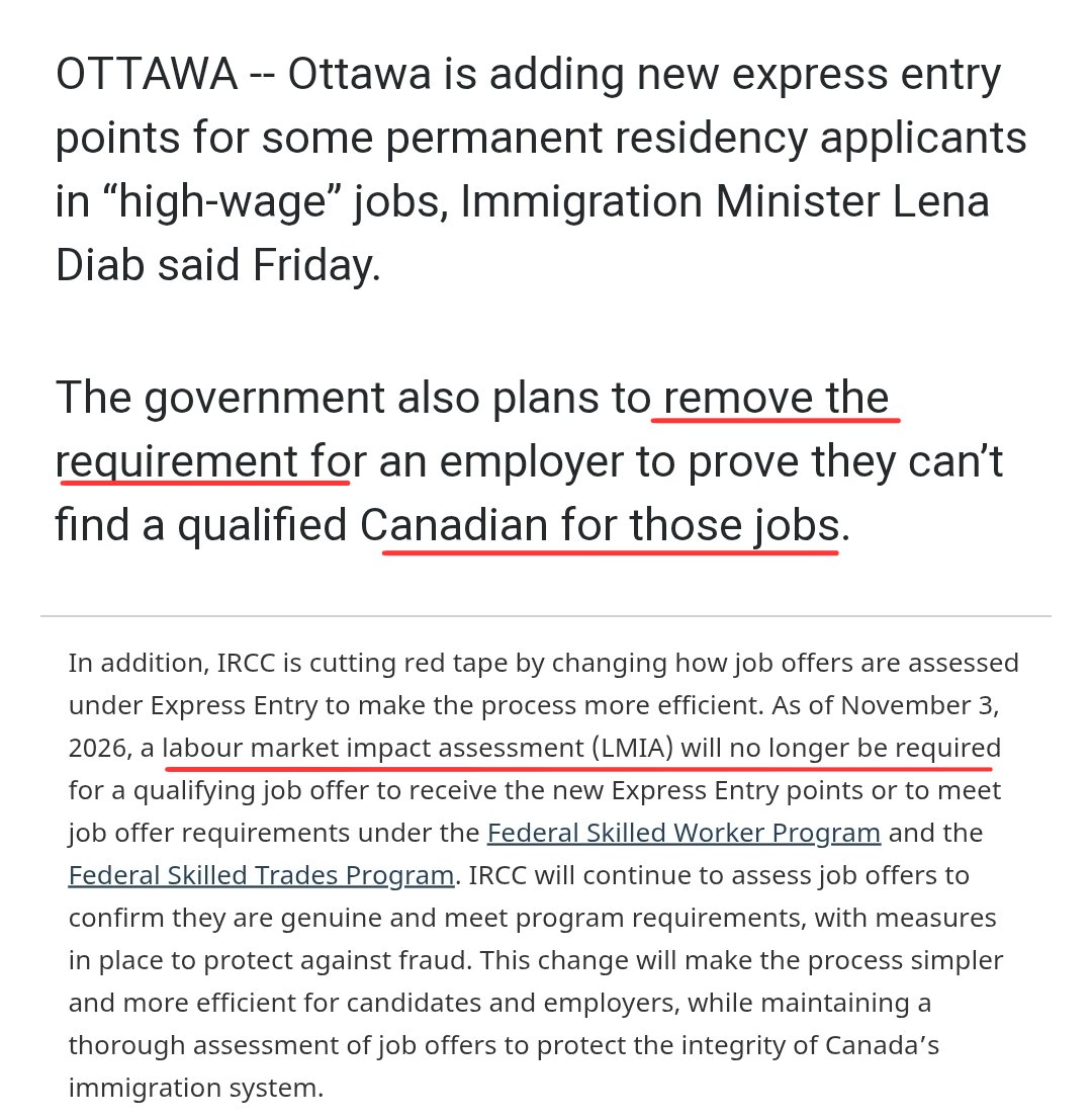 KirkLubimov's tweet photo. After turning Canada and into immigration scam hub with TFW and unskilled workers leading to record youth unemployment, Liberals are opening another flood gate to replace Canadians.

Employers will no longer even need to prove they can't find a Canadian to hire before they hire a foreigner under the new expres entry point system for *permanent residency* -  this isn't even for temporary immigrants.

All while over 50% of the food bank users in Toronto have a high level of education they can't find a job with one that will pay them enough to live.

Insanity.