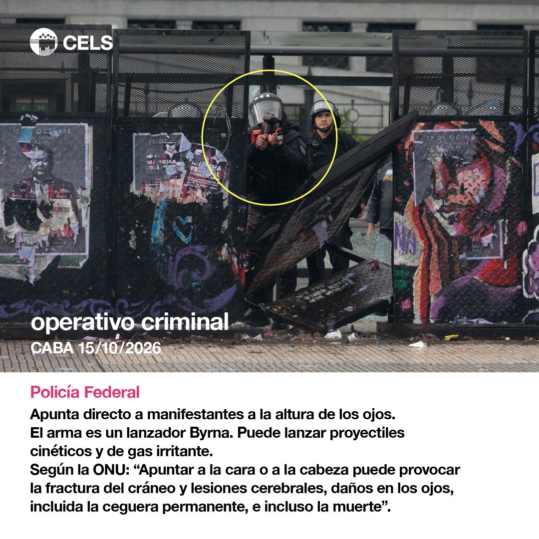CELS_Argentina's tweet photo. Las últimas represiones del gobierno tienen características similares:
-no hay claridad sobre las detenciones. El Ministerio de Seguridad informa oficialmente un número que no tiene relación con los datos de las defensorías y fiscalías.
-el operativo fue violento y desproporcionado. Al punto que impidió terminar el acto de las universidades. 
-el ataque represivo tuvo nuevamente como foco a periodistas y su rol informativo.
A esto se suma que se produjeron detenciones a menores de edad y se aplicó el Régimen Penal Juvenil en la Ciudad. Un adolescente de 17 años tiene una causa abierta por defender sus posibilidades de estudio.

El gobierno sigue sin cumplir con la ley de financiamiento universitario.