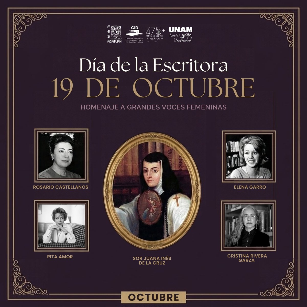 cidfesacatlan's tweet photo. 01✍️ #DíaDeLaEscritora | 19 de octubre

Homenaje a Sor Juana, Rosario Castellanos y Elena Garro

Es solo una selección: existen muchísimas escritoras más.

¡Búscalas en el CID! 📚 
https://t.co/YiX1MzuRLd

#CID #FESAcatlán #UNAM https://t.co/WP67Ht3LbR