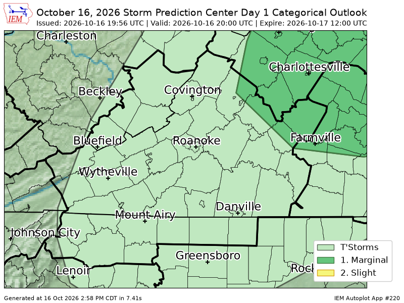 CBS19Weather's tweet photo. #SPC issues Day 1 Marginal Convective Risk at Oct 16, 19:56z for RNK https://t.co/oEUWLMQJcU https://t.co/bjp83Fbpln