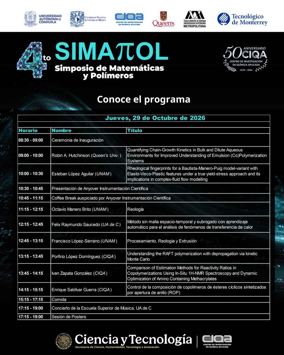 ciqa_mx's tweet photo. ¡Conoce el programa de la 4ta edición del #SIMAPOL!
Sede: #CIQA | 29 y 30 de octubre. #50AniversarioCIQA
➡️ https://t.co/1T25fhNeKr
#matematicas #polimeros #ciencia #simposio https://t.co/7gRzjDtXuh