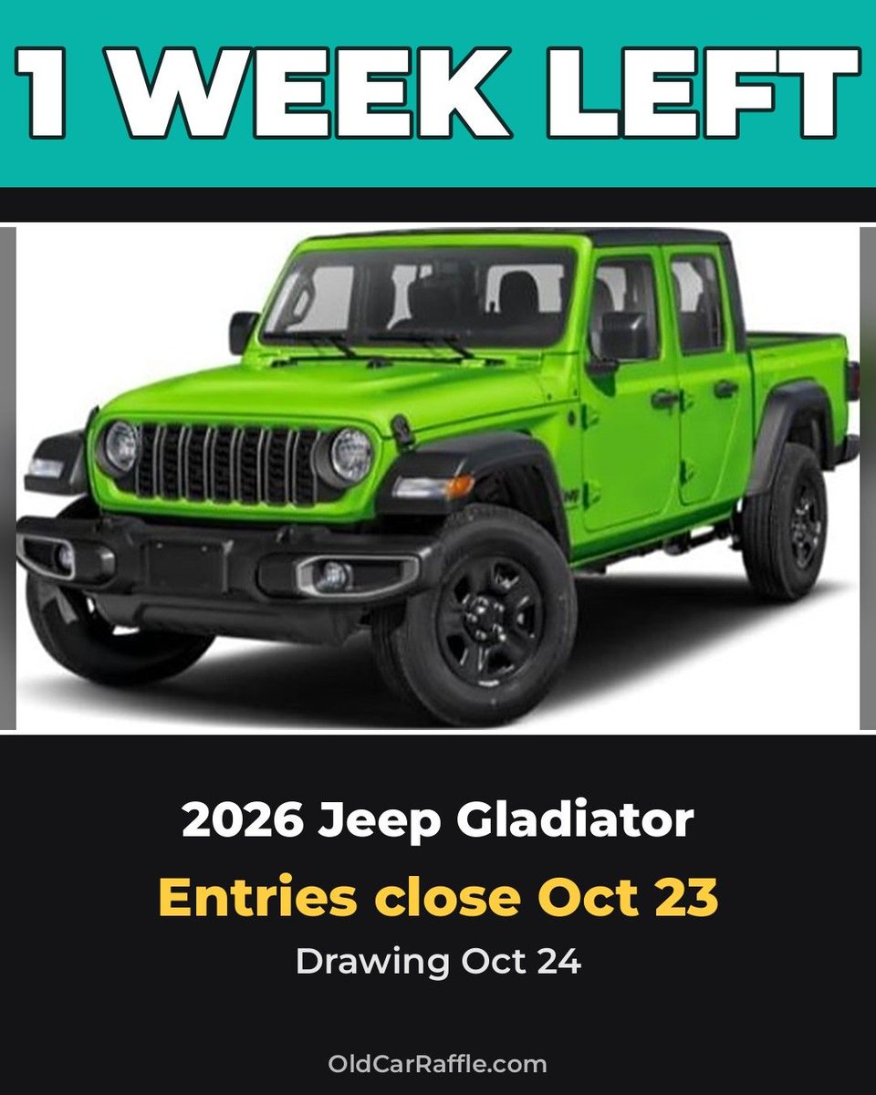 oldcarraffle's tweet photo. One week left to enter: 2026 Jeep Gladiator raffle run by Grand Traverse Area Catholic Schools in Traverse City, Michigan, to support Catholic education in the Traverse City area. Entries close October 23; drawing is October 24.
Details: https://t.co/ot5kGmMIuP
#TruckRaffle #Jeep https://t.co/1q2cEnR0Bc