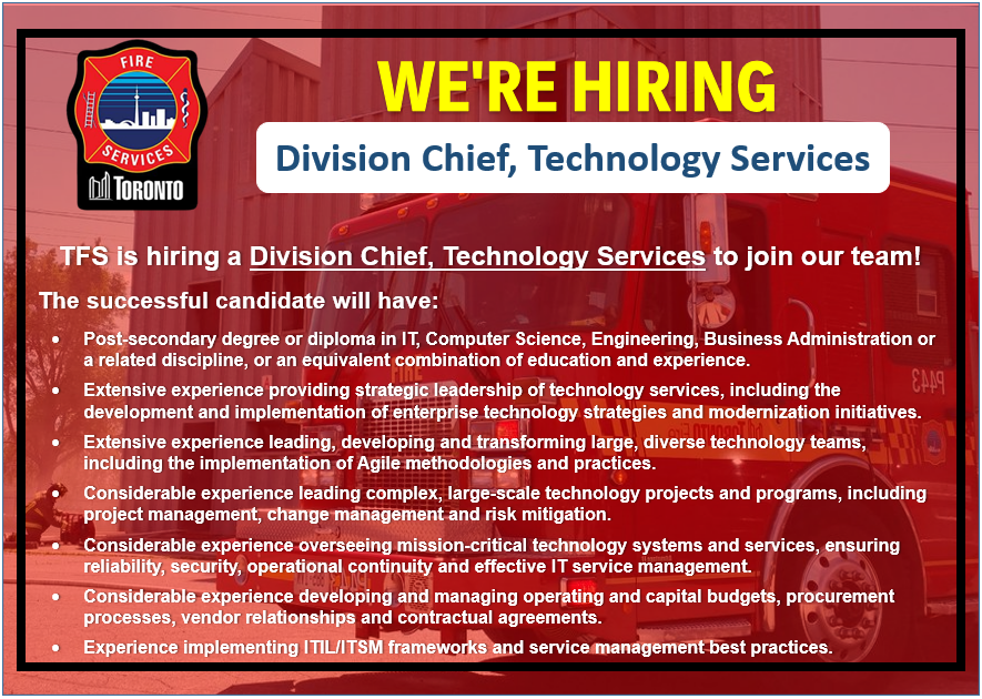 Toronto_Fire's tweet photo. TFS is recruiting for the role of Division Chief, Technology Services. The current job posting is open until Thursday October 29, 2026. To review the full position details and to apply visit https://t.co/gtPDpJU9ri. #Toronto https://t.co/GJNtorBurR