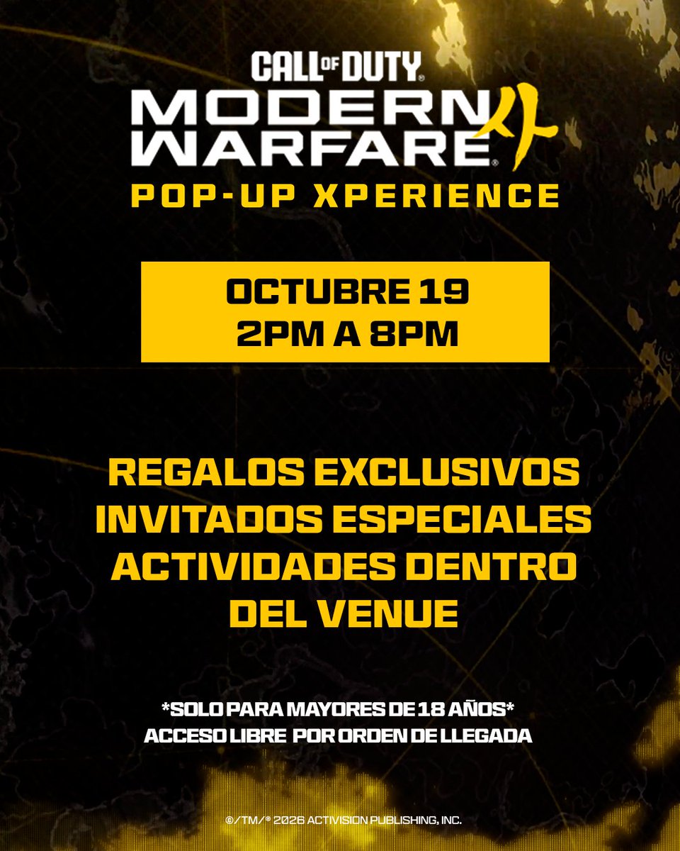 CallofDutyLATAM's tweet photo. 📆 Octubre 19
⏰ Acceso general: 2PM a 8PM
👤 Meet &amp; Greet: @samyriveratv | @agbin3r | @Viperr97 | @Vxlcom_ | @GoatClamp  

🚨 Entrada LIBRE | Sin registro previo | Solo +18 | CUPO LIMITADO en Meet &amp; Greet https://t.co/PE6BLYc6by