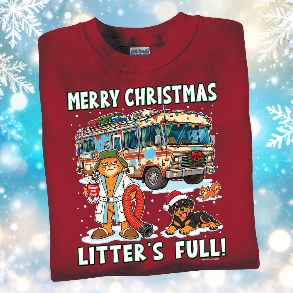 WorkPlacePro's tweet photo. Cuddle up with your pets for a holiday movie marathon vacation wearing these funny "Merry Christmas, Litter's Full!" shirts. Apply promo code SM4799 to order and save!
•
Shop now: https://t.co/nj7lj0gNkY
•
#wearingWPP #workplacepro #holidaysale #littersfull https://t.co/Nm6JXgWPMA