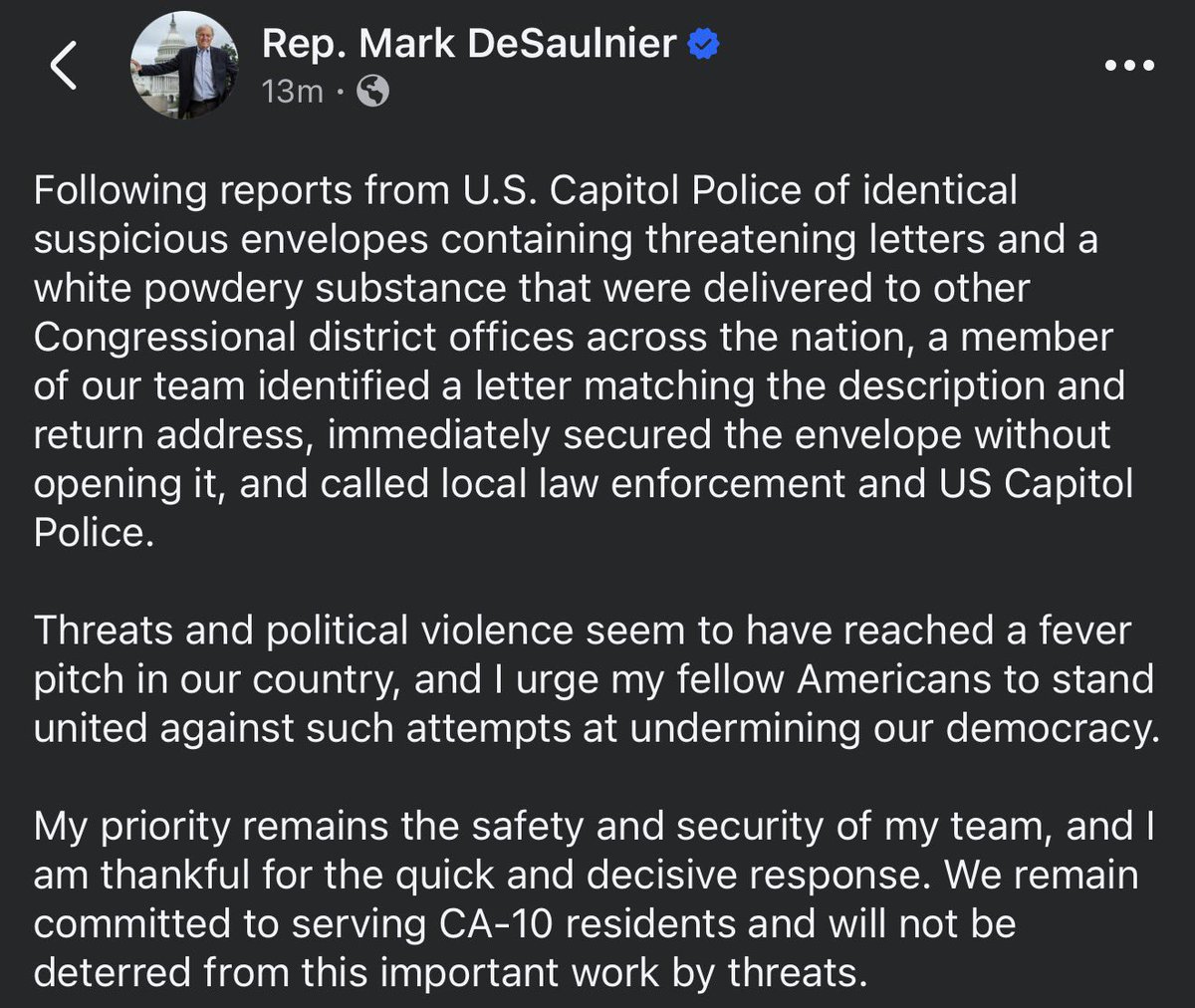 IntelPointAlert's tweet photo. DEVELOPING: Democratic U.S. congressman Mark DeSaulnier’s California office evacuated amid suspicious envelope https://t.co/AjPw7cnY7E