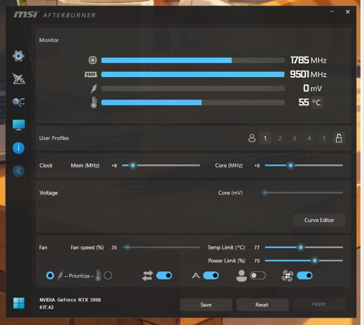 MSI Afterburner settings screenshot illustrating the creator’s GPU power-limit adjustment