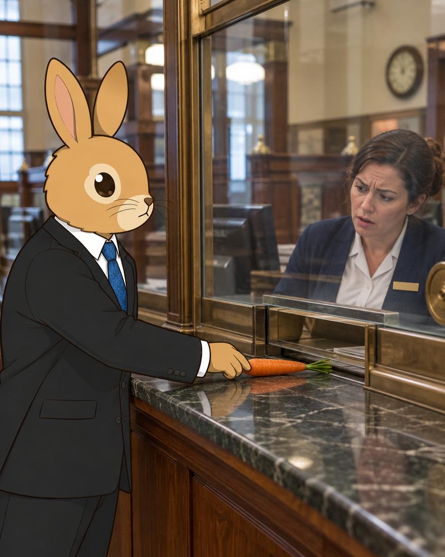 buni_sol's tweet photo. buni tried to open a savings account with a carrot, the lady said no, buni will try another bank https://t.co/tArSs1pNkN