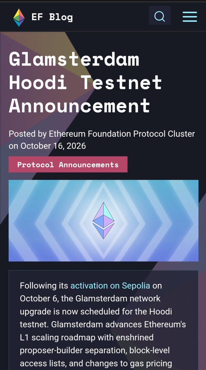 PluseAlt's tweet photo. $ETH scaling watch: Glamsterdam is scheduled for Hoodi testnet on 27 Oct 2026, 1:42am MYT.

200M gas limit. Mainnet date still undecided. No action needed for mainnet ETH holders.

My take: watch the test results before mainnet. #Ethereum https://t.co/TwxH7TPx1j