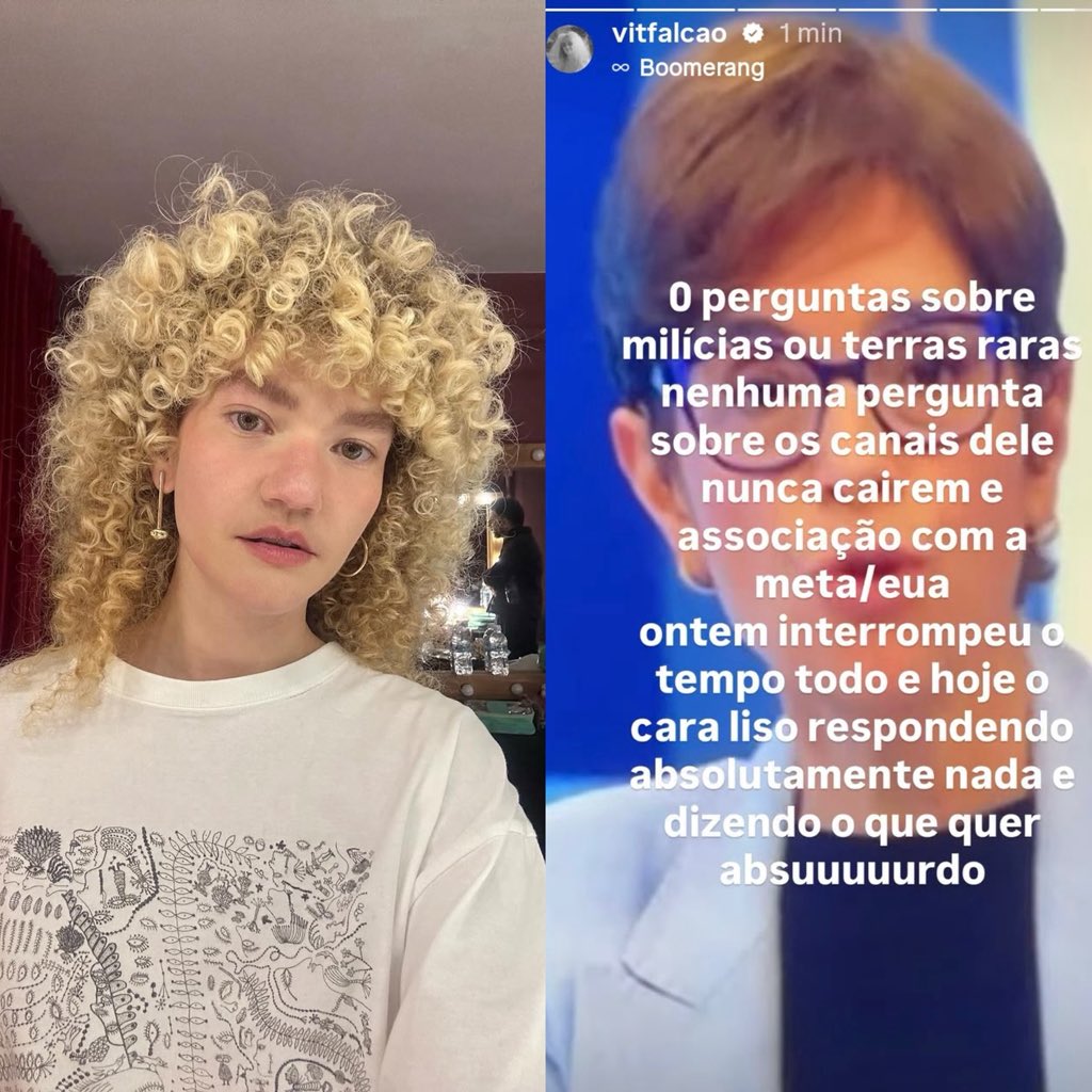 anavitba's tweet photo. Vitória Falcão sobre a entrevista de Flávio Bolsonaro: “0 perguntas sobre milícias ou terras raras, nenhuma sobre os canais dele e a associação com a Meta. Ontem interromperam o tempo todo e hoje o cara responde o que quer. Absurdo!” https://t.co/gXFx5cuhI2