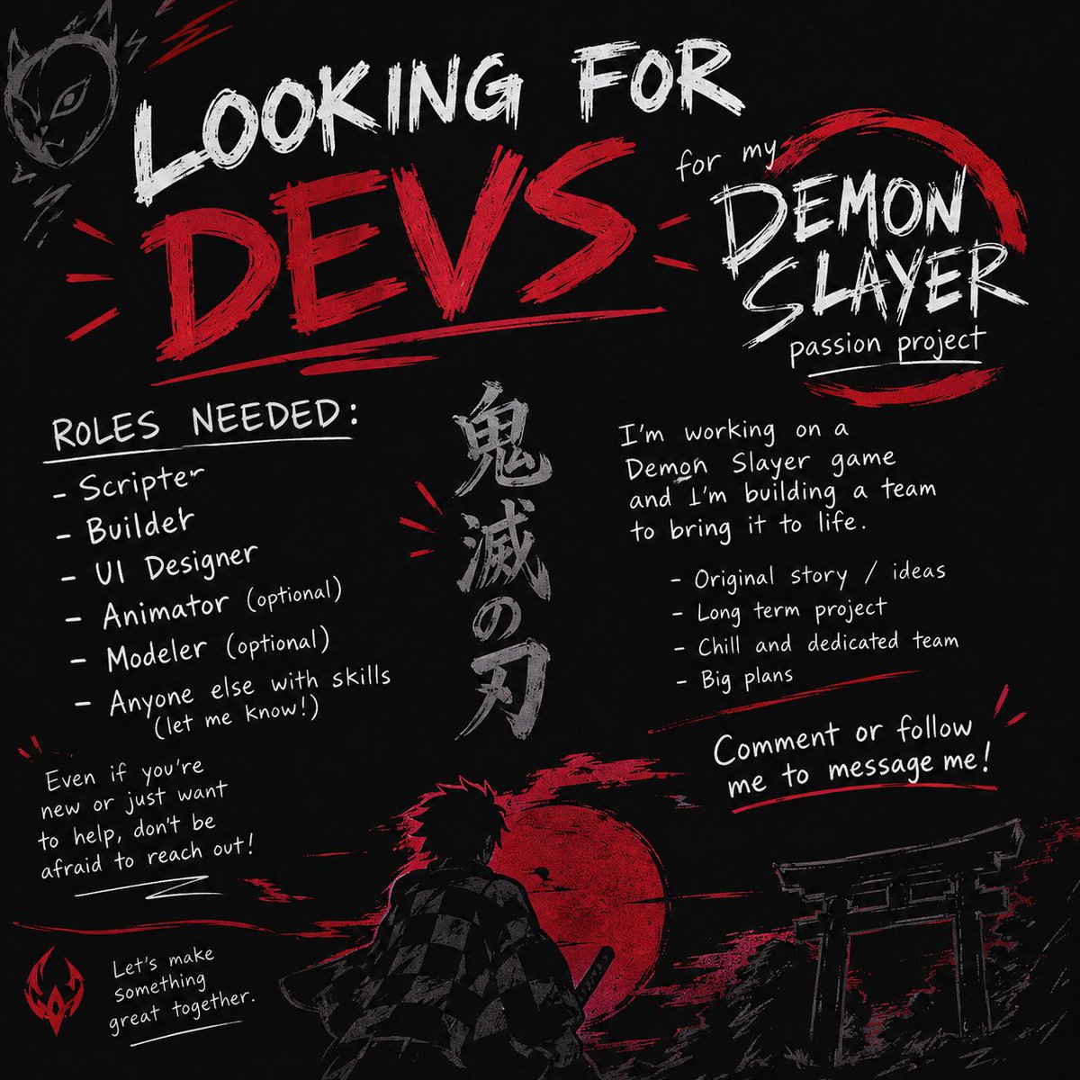 jaythegamew5's tweet photo. Looking for devs to help make a Demon Slayer-inspired Roblox game ⚔️

This is a passion project with rev share! Looking for scripters, builders, animators &amp; VFX artists.

Interested? Comment what you do or follow me so I can DM you! 🔥 https://t.co/kToo7I4vkt