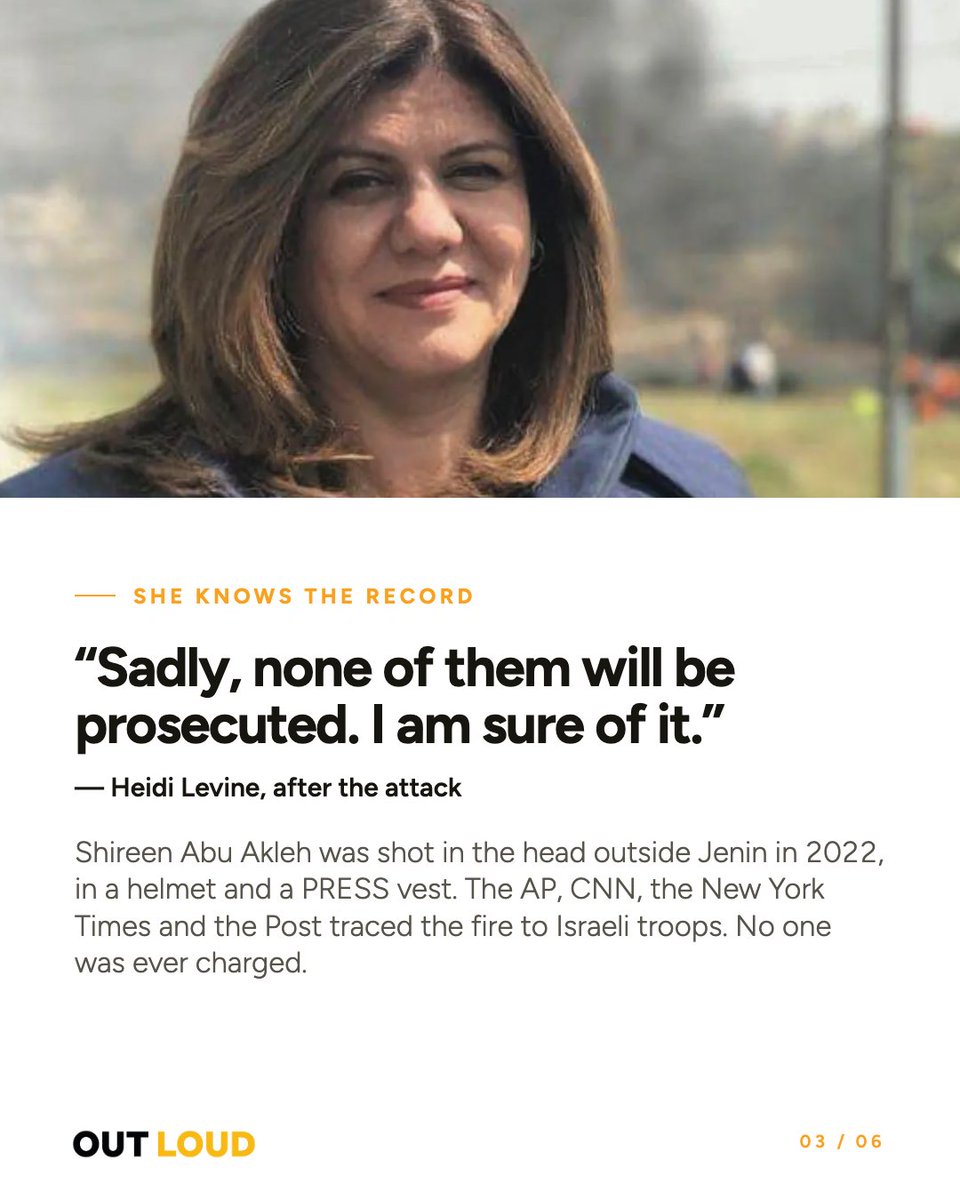 aseisfree's tweet photo. "Sadly, none of them will be prosecuted. I am sure of it."
— @Heidiphotos, after settlers beat her. 

Shireen Abu Akleh was shot in a PRESS vest in 2022. 

The AP, CNN, NYT and the Post traced the fire to Israeli troops. No one was charged. https://t.co/kc9ns5W47K