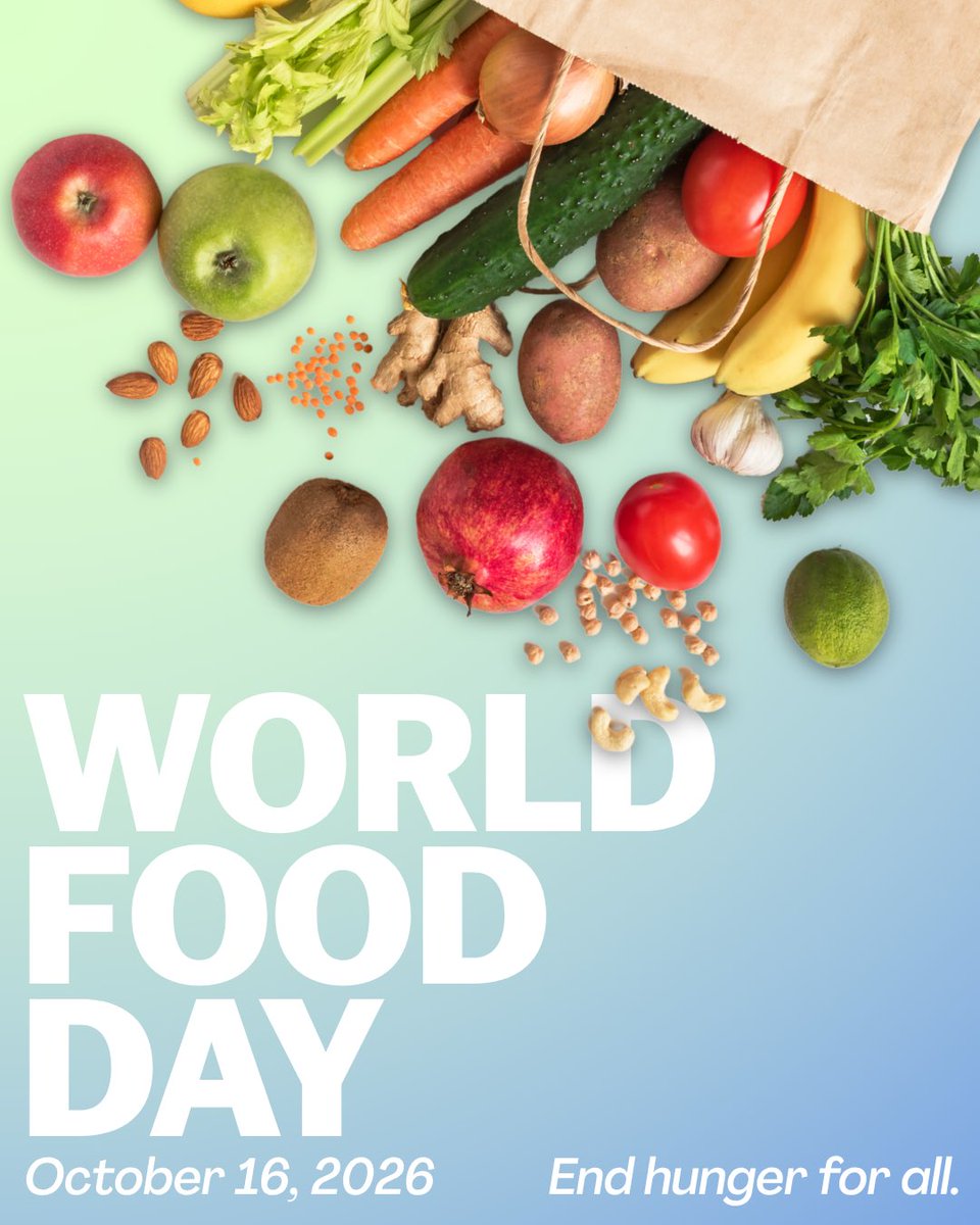A colorful food-themed poster shows assorted fruits, vegetables, nuts, and a paper grocery bag arranged across the top and upper half against a pale green-to-blue gradient background. Large white lettering fills the lower portion, with smaller text along the bottom.