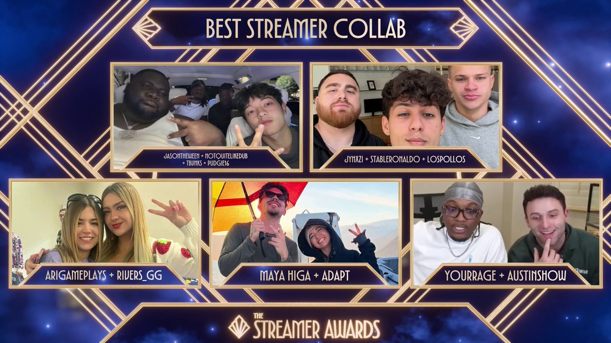 StreamerAwards's tweet photo. Announcing your nominees for Best Streamer Collab!

@jasontheween x @NotQuiteLikeDuB x @tbvnks x pudgie16
@jynxzi x @StableRonaldo x @LosPollosTV 
@arigameplays x @samyriveratv 
@mayahiga x @FaZeAdapt 
@YourRAGEz x @AustinOnTwitter 

Go VOTE over at https://t.co/4INlowyEhc ⭐️ #TheStreamerAwards #StreamerAwards #TSA26