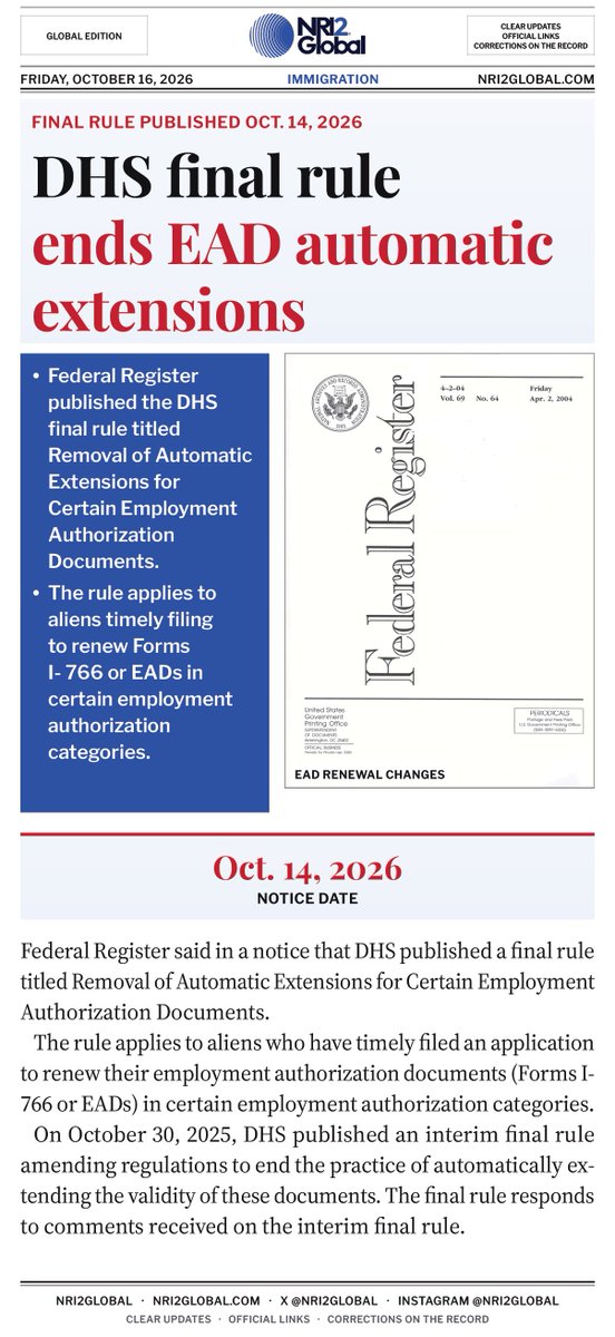 NRI2Global's tweet photo. DHS final rule ends automatic EAD extensions

@DHSgov #EAD https://t.co/szapaOoyIW