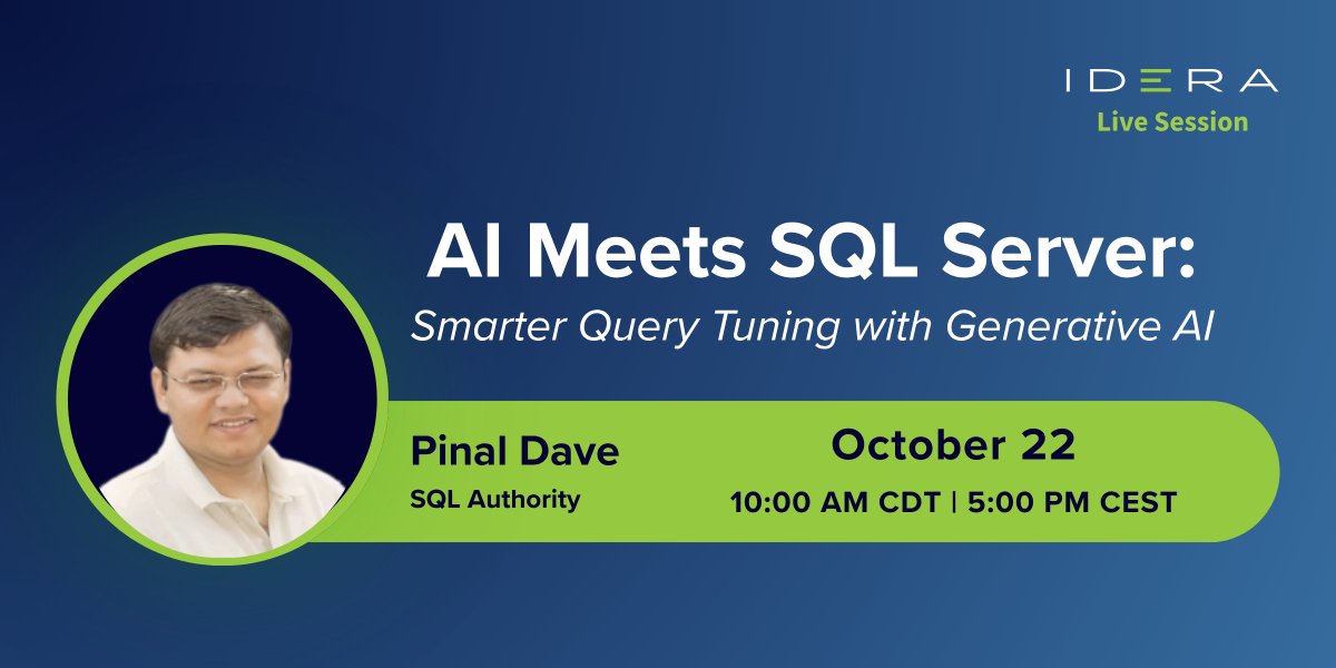 Idera_Software's tweet photo. AI can rewrite your SQL.

It can also give you a very convincing explanation for a questionable decision.

Pinal Dave is digging into both sides with real SQL Server tuning examples on Oct 22.

Your DBA instincts are invited. 🦆

https://t.co/wSdGeliRok

#SQLServe https://t.co/hXkOYdnJKA