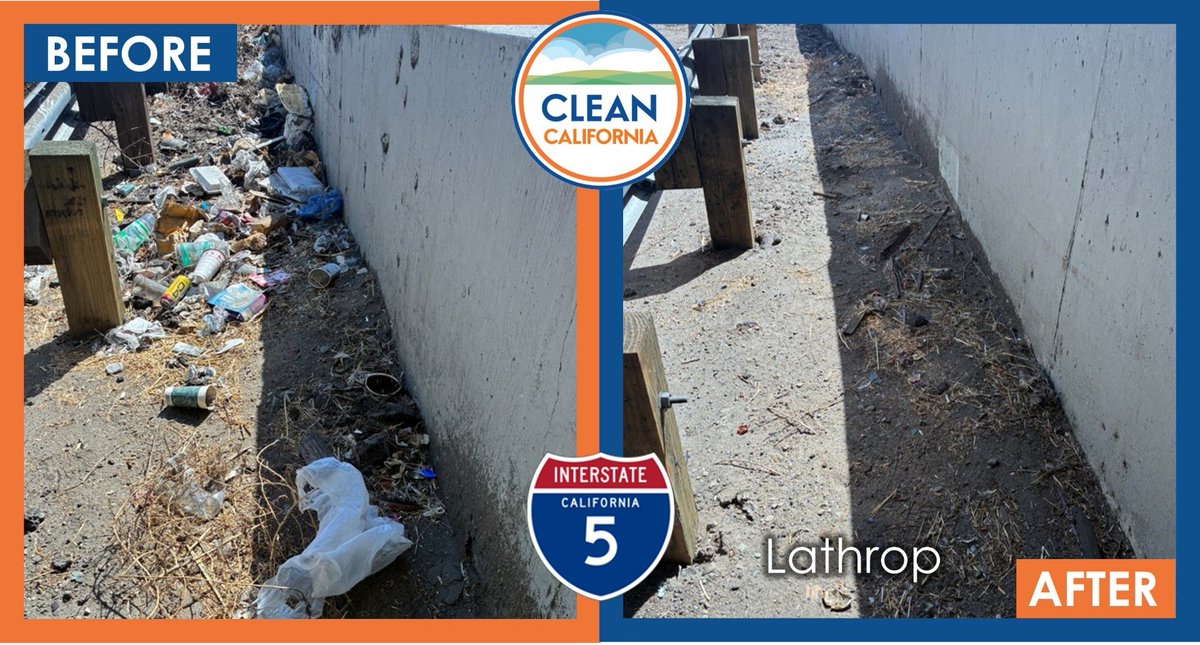 CaltransDist10's tweet photo. Think of all the litter floating around our state roads. How much came out of a car window, waiting to be picked up by a Caltrans crew? Here is an example recently cleaned along SR-120 exit on I-5 in Lathrop. #CleanCA @CAgovernor https://t.co/5I4MuBVaDe
