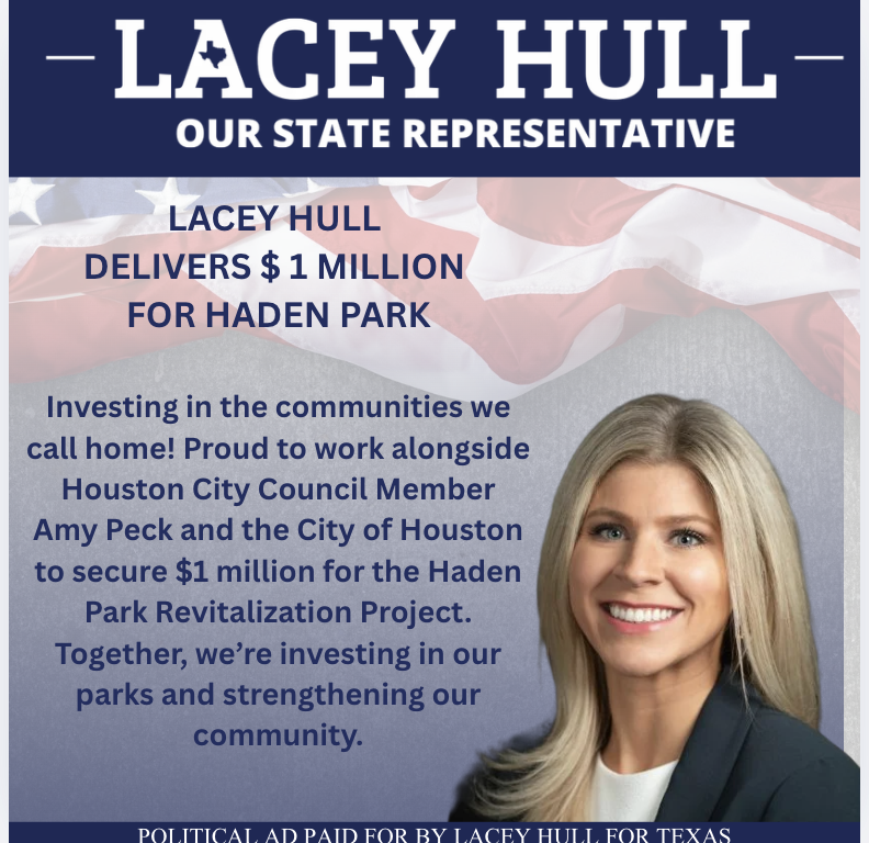 LaceyHullTx's tweet photo. I’m proud to work alongside Houston City Council Member Amy Peck and the City of Houston to secure $1 million for the Haden Park Revitalization Project. This 12-acre park will be transformed into a vibrant community gathering place, with improvements including small and large dog parks, pickleball courts, an event lawn and stage, a butterfly garden, restrooms, and off-street parking. Investing in our parks means investing in our families, our neighborhoods, and our quality of life.