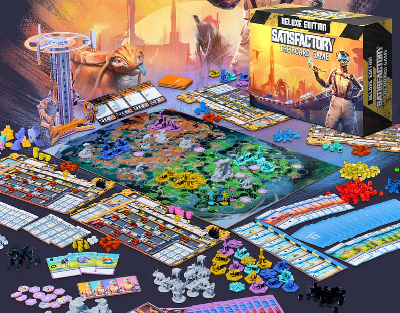 BoardGameJay's tweet photo. In this sandbox engine builder board game, explore an alien planet and use its resources to build factories

-Build a space elevator to save humanity
-Explore a map, build on it, &amp; collect resources
-Automate &amp; upgrade resource production

The game is Satisfactory: The Board Game https://t.co/NGhxEZvLNa