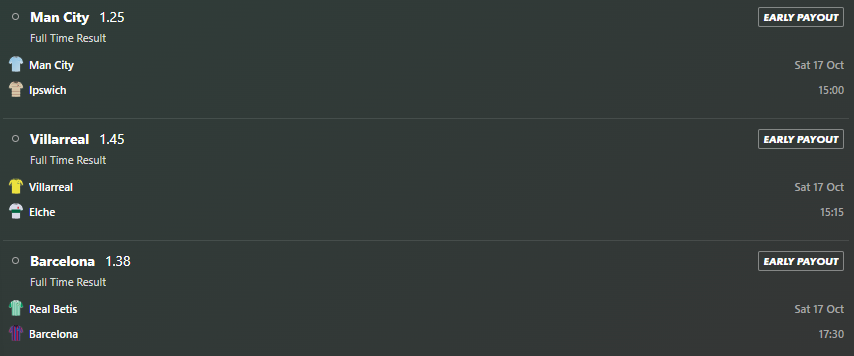 RegistaT90's tweet photo. Man City v Ipswich - Man City to Win

Villarreal v Elche - Villarreal to Win

Real Betis v Barcelona - Barca to Win

Treble @ 2.50 https://t.co/evbmZzQjDh