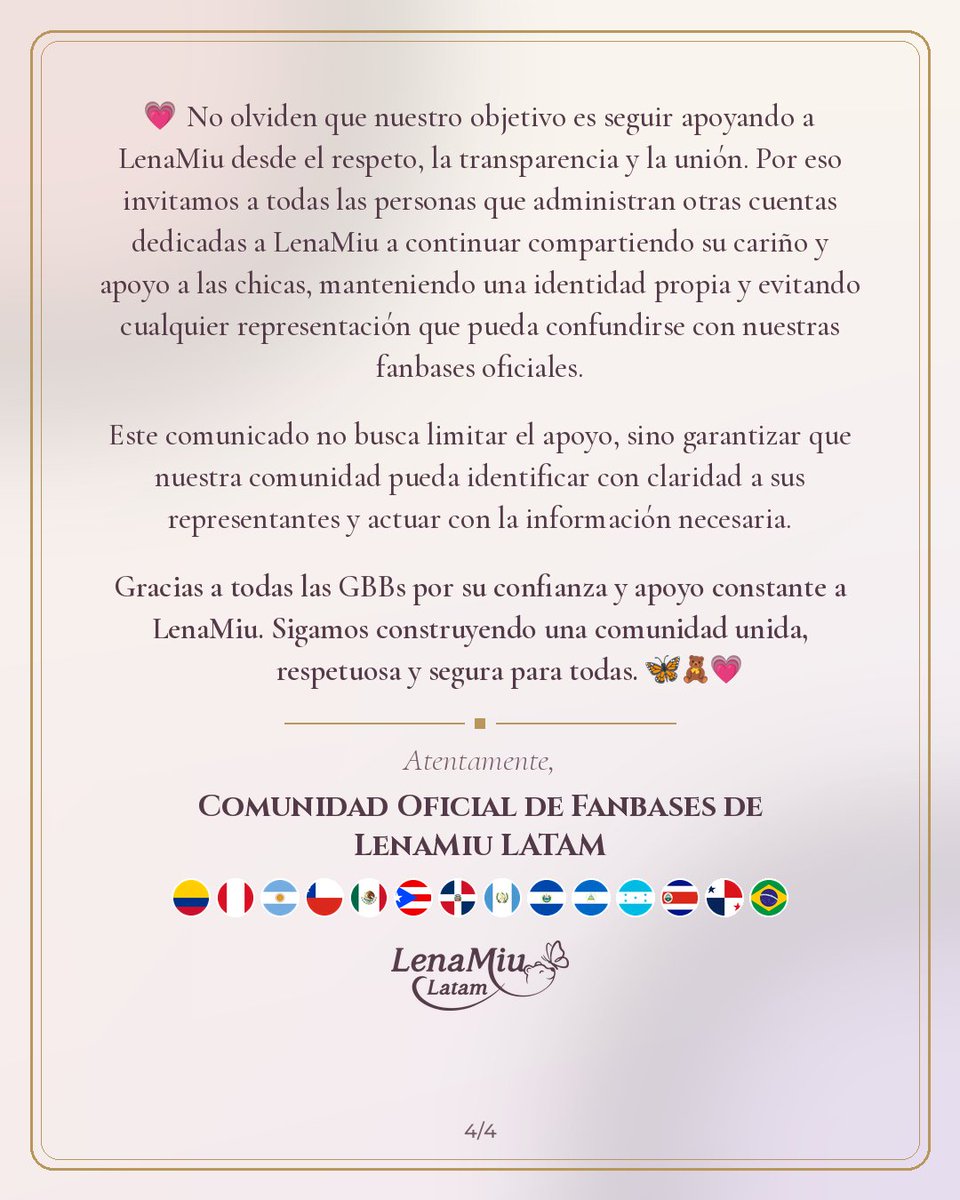 LenaMiuLatamOff's tweet photo. 📢 COMUNICADO OFICIAL 🦋🧸

💌 Para evitar confusiones, aquí están las cuentas oficiales de la Comunidad Oficial de Fanbases LATAM de LenaMiu. 🫂

#LenaMiuLATAM #LenaMiu #ลีน่าหมิว https://t.co/d0aznWh4fx