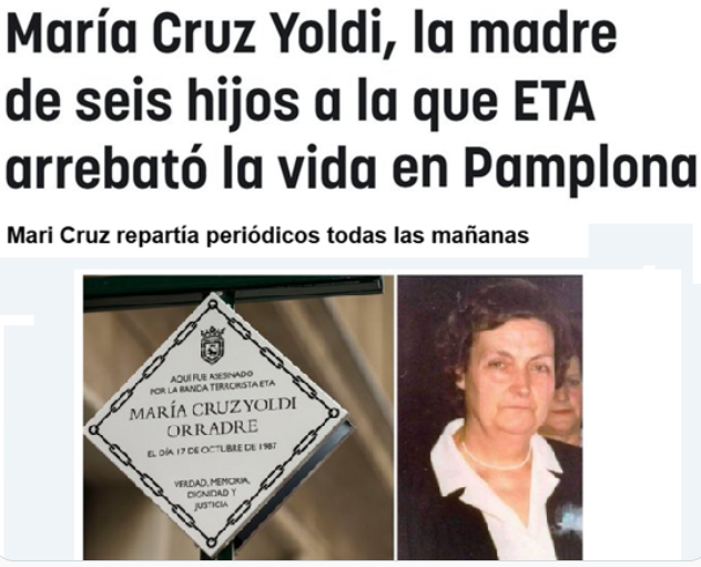 CCivicaCatalana's tweet photo. #TalDiaComoHoy de 1987 ETA asesinó en Pamplona a Mari Cruz. Tenía 63 años, una familia numerosa y para mantenerla trabajaba como repartidora de diarios.

El secretario de Batasuna, ahora Bildu, en el Ayuntamiento de Pamplona fue condenado por su asesinato.

Esos hombres de paz. https://t.co/aqDD9uobEB