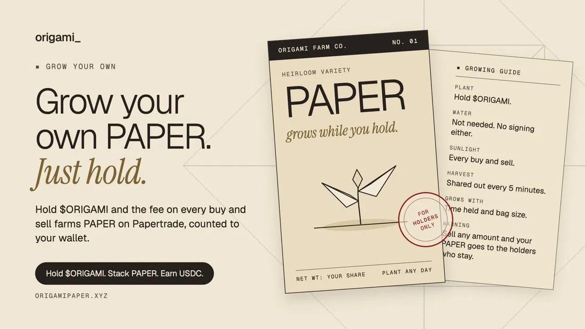 Origamipaper_'s tweet photo. Want PAPER without trading on Papertrade?

Hold $ORIGAMI.

Every buy and sell pays a fee, and that fee mines PAPER on Papertrade. Every 5 minutes, it's shared out to holders by score.

Papertrade rewards traders. Origami mines the rewards for you. https://t.co/eJh8cZ4IqM