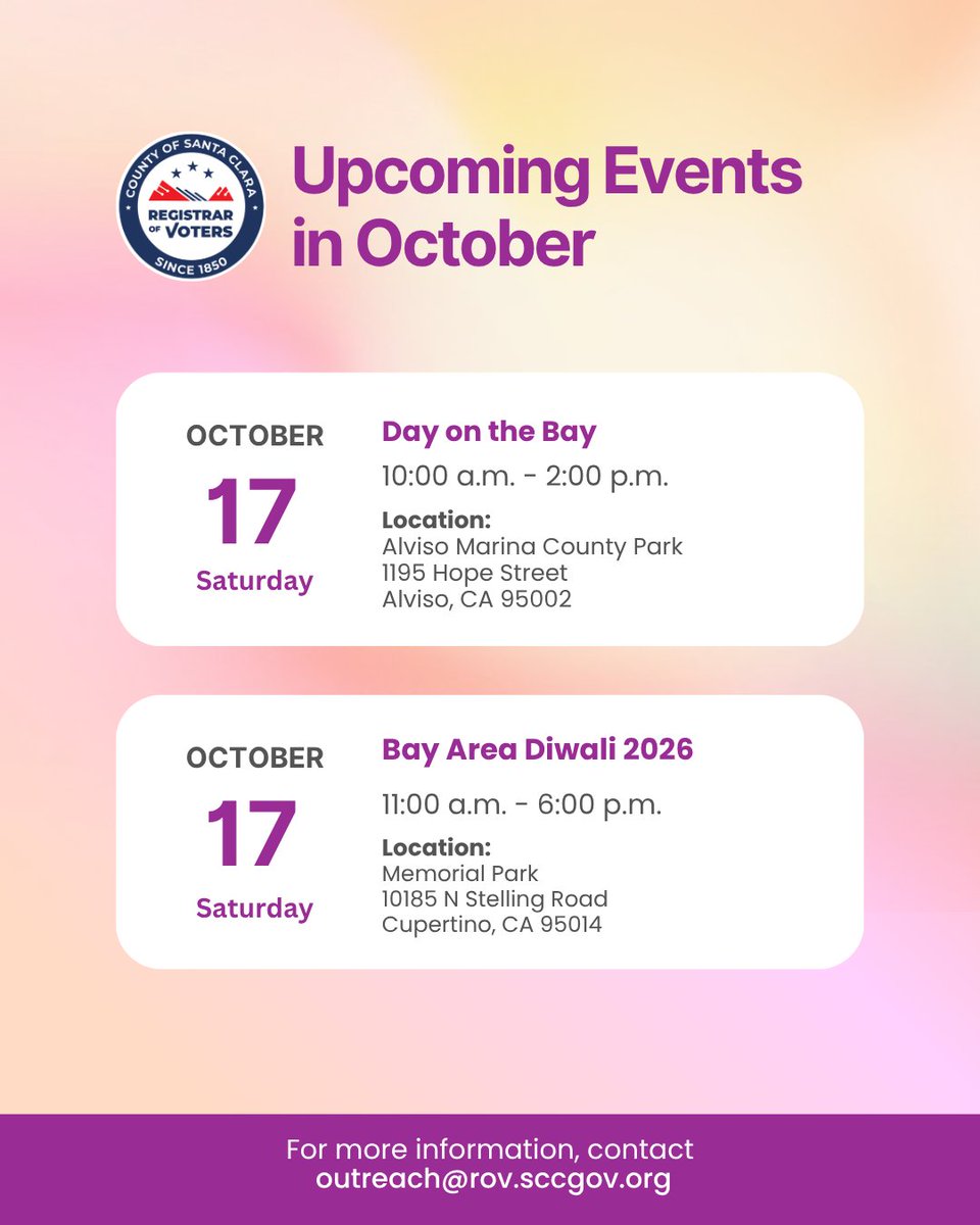 sccvote's tweet photo. The Registrar of Voters’ Office will be attending these upcoming events. Stop by our booth to pick up voter education materials and ask us any election-related questions.

Check out our calendar for upcoming events that we will be attending: https://t.co/r0rguxce4i https://t.co/VK2GeDiwzY