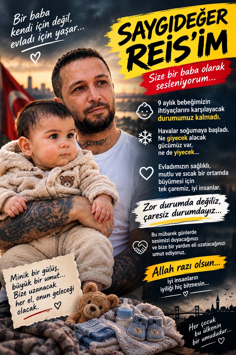 Omer_BARUG_'s tweet photo. SAYGI DEĞER REİS'İM @sedat_peker
Bir baba olarak size bu çağrıyı yapmak zorunda kaldım. 9 aylık bebeğimizin ihtiyaçlarını karşılamakta artık çok zorlanıyorum. Havalar soğumaya başladı; bebeğimize giyecek almak, sofrasına yiyecek koymak için imkânlarım tükeniyor.
Bir babanın en ağır imtihanı, evladının ihtiyaçlarını karşılayamadığını hissetmesidir. İnsan kendisi için her şeye katlanır ama konu evladı olunca çaresizlik yüreğine dokunuyor.
Sizden ricam, sesimi duyup bize bir yardım eli uzatmanızdır. Bu paylaşımın size ulaşmasına vesile olacak herkesten de destek bekliyorum.
Allah hiçbir anneyi ve babayı evladının ihtiyaçları karşısında çaresiz bırakmasın. 🤲
#sedatpeker