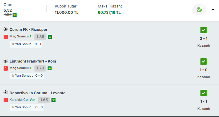 koundebets's tweet photo. 🔥💚 KUPON GELDİ, 3/3! 💚🔥

✅ Çorum FK – Rizespor: 2-1
✅ Eintracht Frankfurt – Köln: 1-0
✅ Deportivo La Coruña – Levante: 1-1

💥 3 MAÇIN 3'Ü DE GELDİ! 🤑💸 https://t.co/C2mj6RbXIt