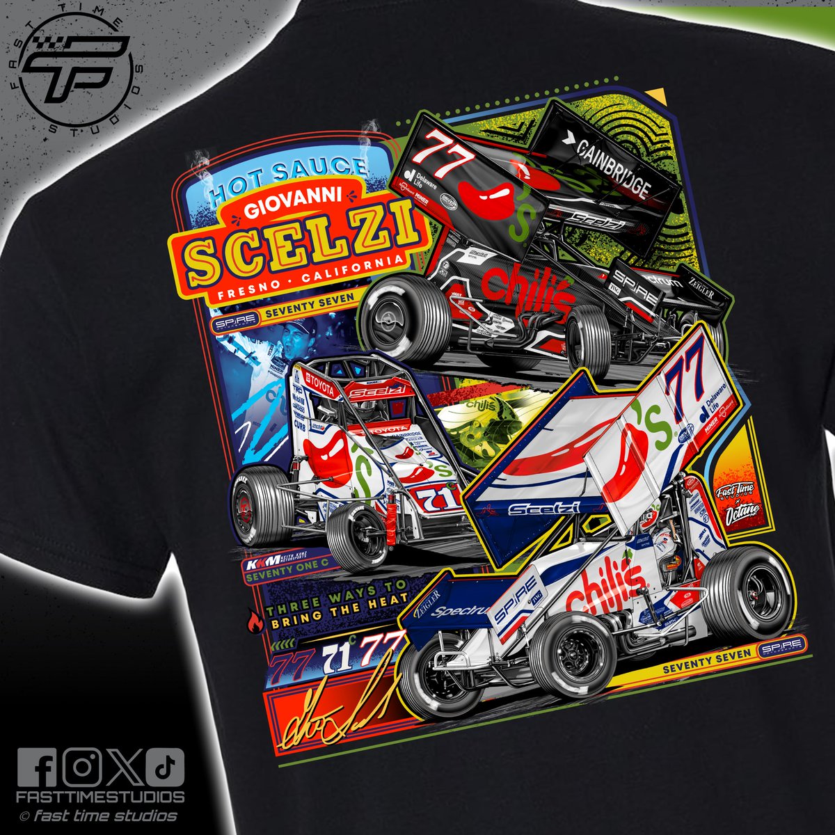 FastTimeStudios's tweet photo. The “Scelzi Sampler” design for Hot Sauce @GioScelzi and his @Chilis rides for @KKM_67 and @SpireMotorsport for 2026. 
Thankful for them reaching out and trusting me to knock out this design. 🙏
Make sure to grab one trackside or online at https://t.co/KpLAD1RIIG https://t.co/qEfNnMArWB