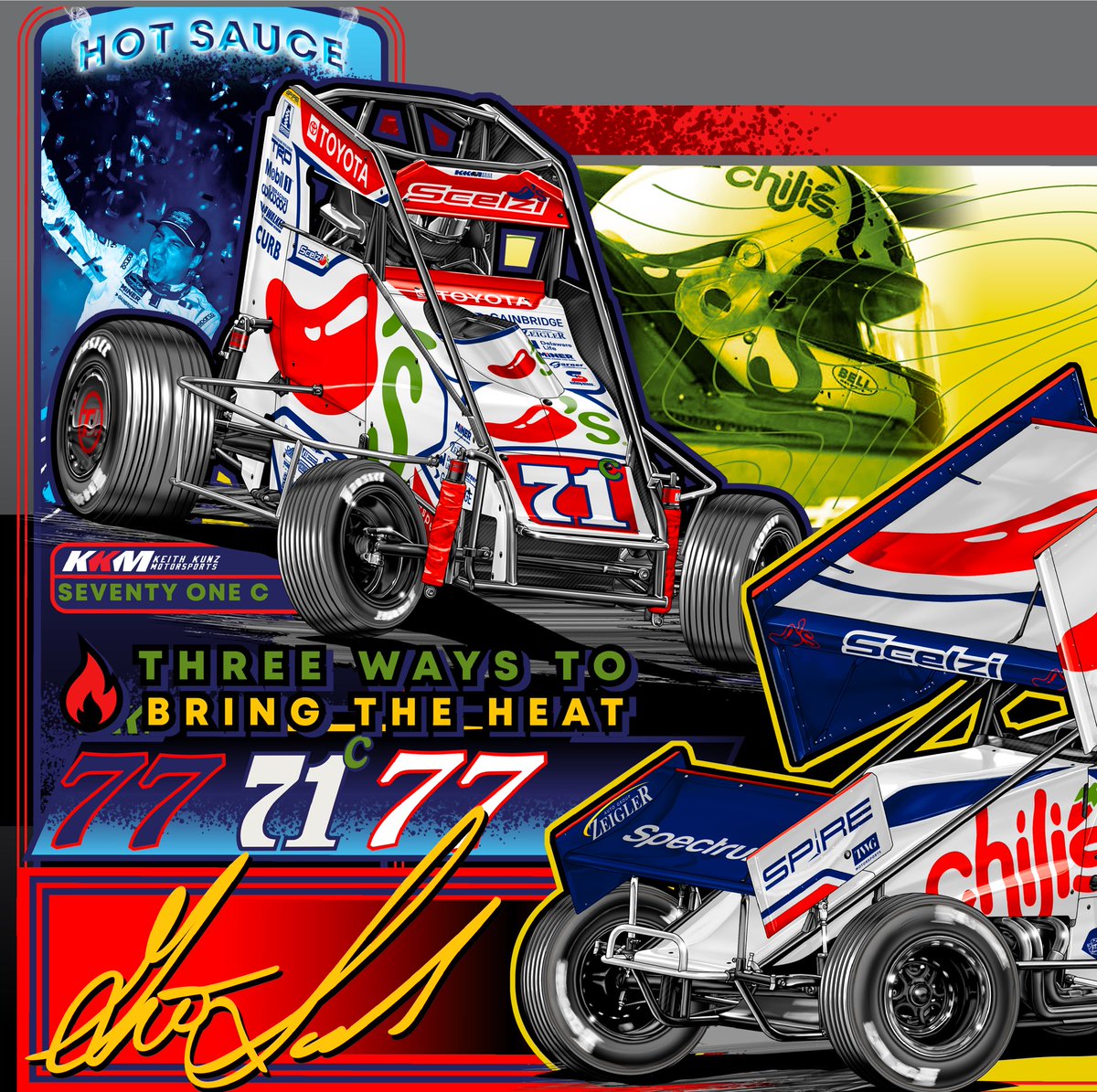 FastTimeStudios's tweet photo. The “Scelzi Sampler” design for Hot Sauce @GioScelzi and his @Chilis rides for @KKM_67 and @SpireMotorsport for 2026. 
Thankful for them reaching out and trusting me to knock out this design. 🙏
Make sure to grab one trackside or online at https://t.co/KpLAD1RIIG https://t.co/qEfNnMArWB