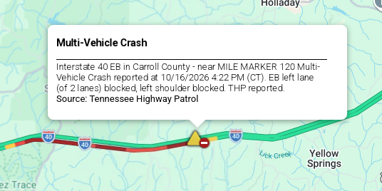LiveTraffic2's tweet photo. Carroll County- A crash being cleared on I-40 eastbound at 120 mm 5:07pm CT. https://t.co/5uK3es08Su #CommanderChuck #Memphis #Tennessee #TDOT #Traffic #TrafficAlert #Gas #THP #Follow #Live https://t.co/Ebx0q4ljXR