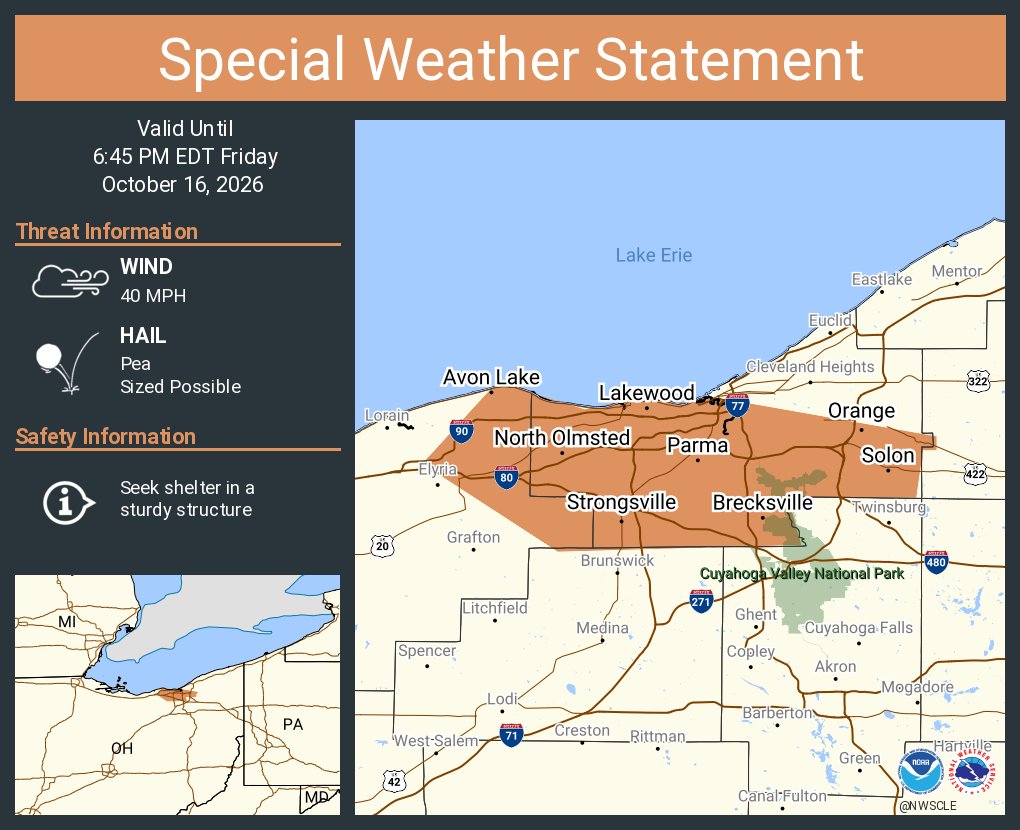 NWSCLE's tweet photo. A special weather statement has been issued for Parma OH, Lakewood OH and  Cleveland-Hopkins Airport OH until 6:45 PM EDT https://t.co/FGHyTzCXsw