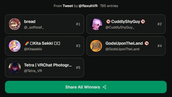 flexuhVR's tweet photo. Winners chosen, please DM me to receive the avatar!

@_softloaf_ @CuddlyShyGuy_ @Kitasekki @GodsUponTheLand @Tetra_VR https://t.co/WcIpHEU8Bp