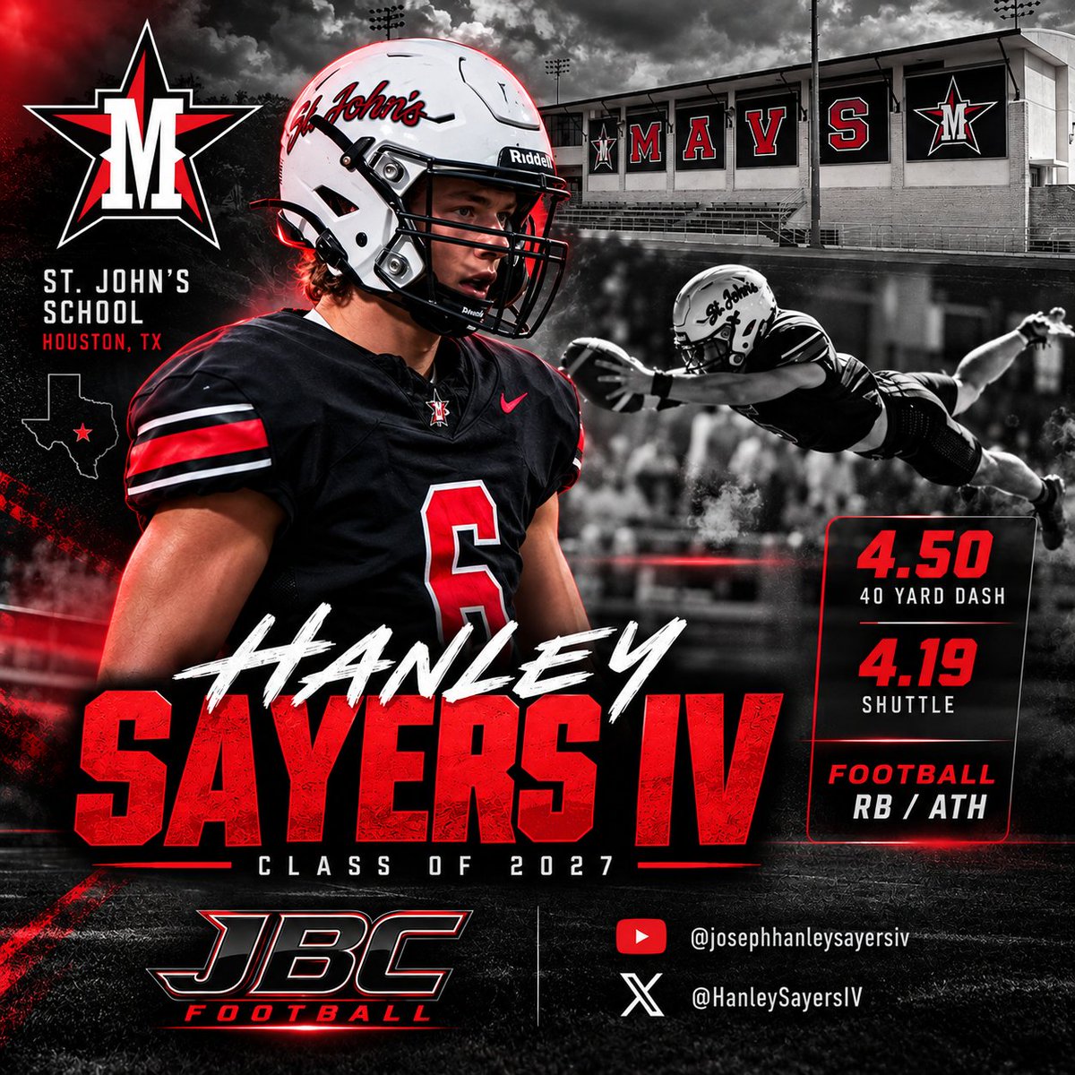 JBC_Football's tweet photo. Excited that JBC_Football gets to help this incredible young man @HanleySayersIV in his journey to college athletics. Sayers is an elite RB from @stjohnsmavs 

He will make any program/any college campus better! https://t.co/q6kdqLs8ot
