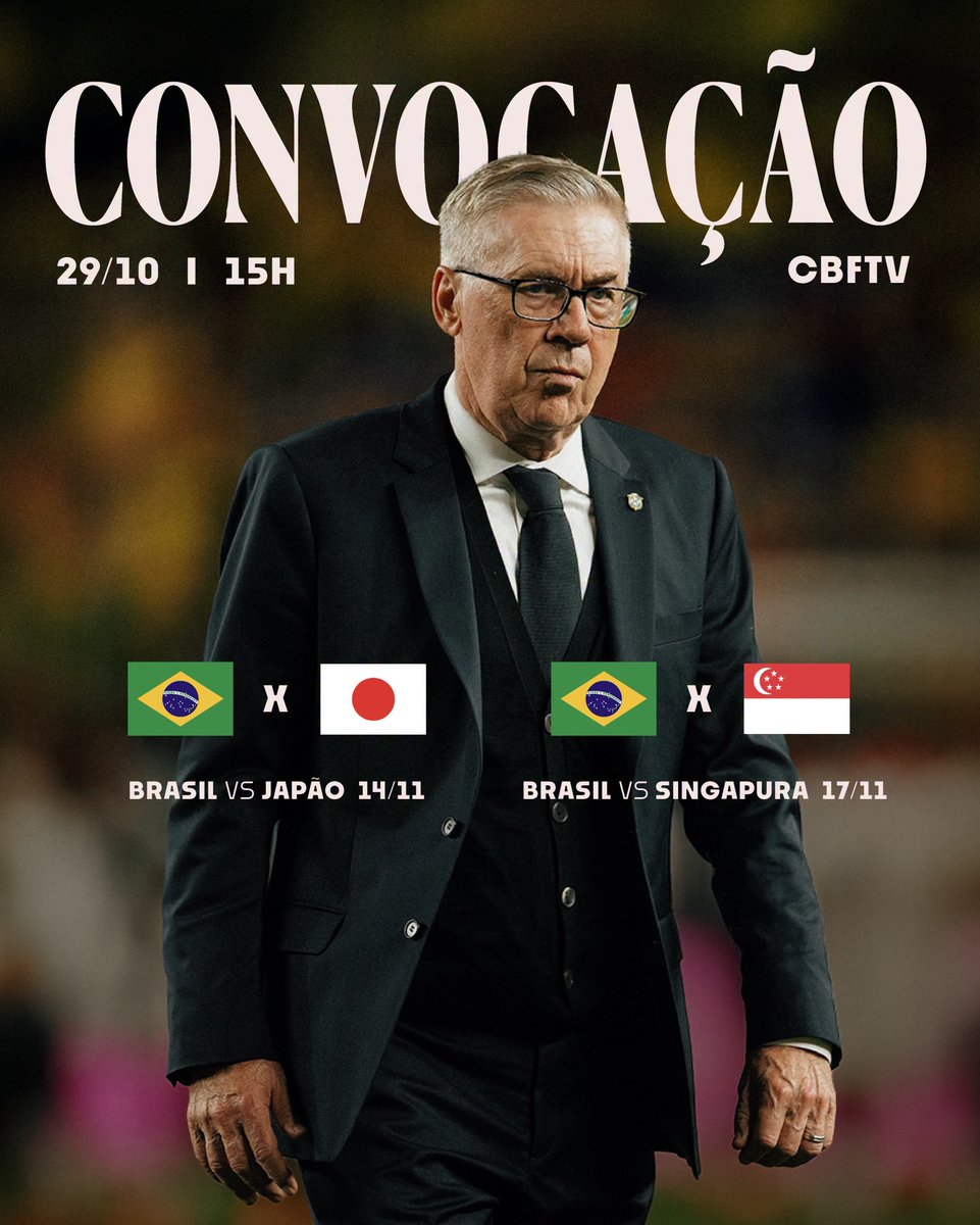MeschacMARTINO4's tweet photo. 🚨Le Brésil🇧🇷 jouera deux matchs amicaux lors de la trêve internationale du mois de novembre : 

14 nov vs Japon🇯🇵 
17 nov vs Singapor🇸🇬

L'annonce de la convocation des joueurs pour ses deux matchs aura lieu le 29 octobre. https://t.co/Ojdiv9rBJ0
