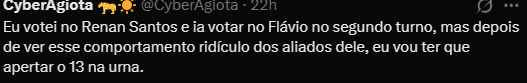 tsca1976's tweet photo. @Mandy__estrada @CyberAgiota ??? ele ia no lula, que, é o contrario do que ele mesmo afirmou no tweet principal, burra https://t.co/CuXNns9f9T
