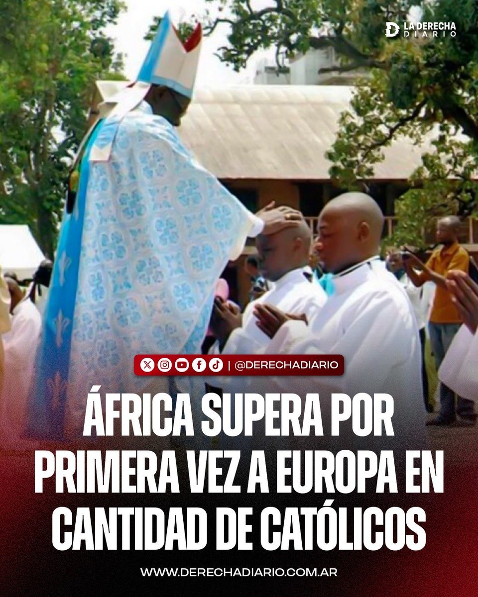 laderechadiario's tweet photo. 🚨🇻🇦🌍 | OCCIDENTE EN PELIGRO: EL CATOLICISMO AFRICANO YA SUPERA AL EUROPEO

En medio de la violencia y persecución que padecen comunidades cristianas en distintas regiones de África, el continente alcanzó los 288,3 millones de católicos y superó por primera vez en la historia a Europa.

África también encabezó el crecimiento anual de fieles, con 7,58 millones más según las cifras publicadas por la Agencia Fides del Vaticano, y fue el único continente que aumentó en sacerdotes, religiosas y seminaristas mayores.
