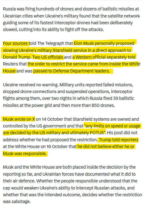 YourAnonCentral's tweet photo. Four sources identify Elon Musk as personally proposing Starshield restrictions to Trump, while three officials trace the order to the White House. Ukraine received no warning. Its interceptor drones were disrupted as Russia launched hundreds of drones and dozens of ballistic missiles. Whether this was deliberate sabotage remains unresolved.