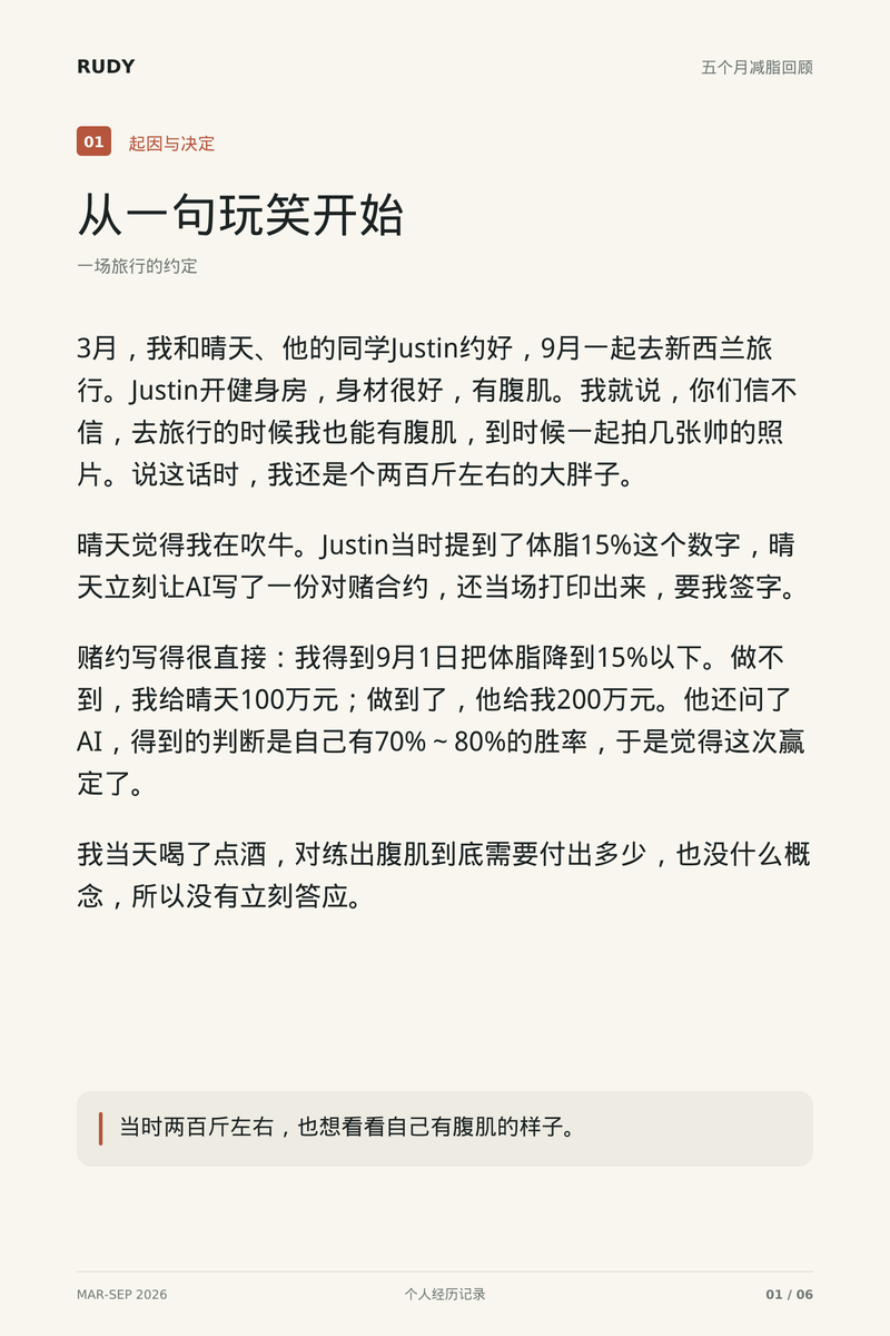 yiboccc7's tweet photo. 起因和赌约
五个月，从200斤减到130斤，我看到了自己的腹肌，也赢了朋友200万。

起因是约好去新西兰，我说到时候也要拍腹肌照。朋友不信，直接用AI写了合同：到9月1日，体脂低于15%，他给我200万；做不到，我给他100万。

最终，InBody测得体脂率9.5%，他兑现了赌约。 https://t.co/RFiYj4zbhg