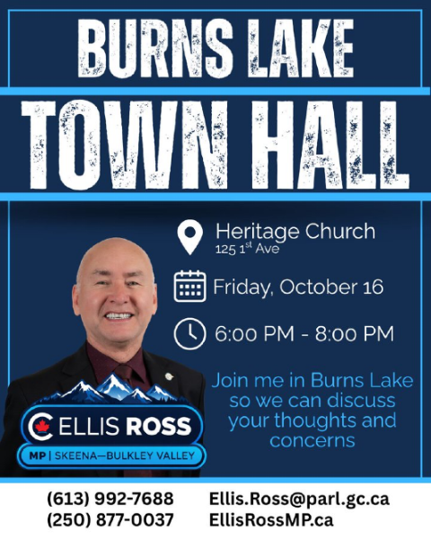 DianeBlack4BC's tweet photo. Tonight I'm joining MP Ellis Ross at his town hall in Burns Lake, from 6 to 8 PM at Heritage Church, 125 1st Ave. It's a chance to sit down together and talk about the issues facing families in our communities, from the rising cost of living to access to health care close to home. Please come out, say hello, and tell me what matters most to you. I hope to see you there.