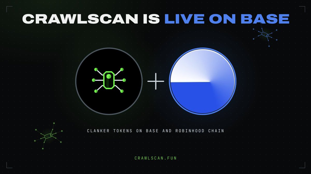 CrawlScan_'s tweet photo. CrawlScan is now live on Base.

One of the busiest chains for memecoins right now.

Thousands of new tokens launch there every week, most of them through @clanker_world.

And just like everywhere else, a lot of them are built to dump on you.

Now you can check them before you buy.

Paste any Clanker token from @base and six crawlers walk the top holders straight from the chain. 

Linked wallets, bundles, snipers, fresh wallets, the dev, and how far the price falls if they all sell.

800 holders can still be 4 people. 
On Base too.

CrawlScan also reads Clanker's own setup: 

> how much of the supply is locked in the dev vault
> when it unlocks
> he airdrop share and the dev buy

So you see what the dev can sell later, not just what they hold today.

Clanker also works on @RobinhoodCrypto chain now, with the same adapter.

And of course the memory brain comes with it. 

Every Base scan teaches CrawlScan who the snipers and rug teams are, so it catches them faster in the next coin.

Four chains now: 

> BNB
> Base
> Solana
> Robinhood

Zora comes to robinhood:0x19dcb63c4d2f29a6f077f094a4f858fc790145e1 next.

Scan before you buyhere: [https://t.co/7jFtlSoHI0]

Telegram bot: [https://t.co/2paksrQrg4]

Now wait for big news because they come next...
