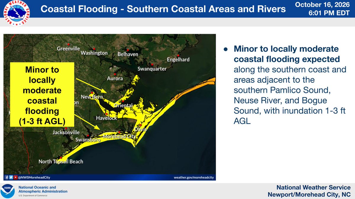NWSMoreheadCity's tweet photo. ⚠️A state of emergency has been issued for Hatteras Island and a mandatory evacuation order for visitors on Hatteras Island takes effect at 8 p.m. on Friday, October 16. Info at https://t.co/7UjQAlhOkz. Long duration Nor'easter impacts becoming increasingly likely. #ncwx https://t.co/X4drbTsygJ