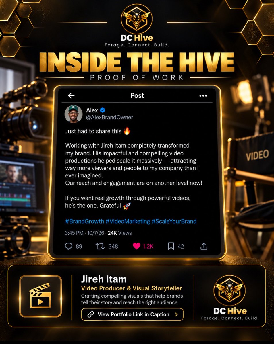 DCHIVEGLOBAL's tweet photo. INSIDE THE HIVE 🐝  | PROOF OF WORK

Good work deserves recognition. Great results deserve visibility.

Meet Jireh Itam, a talented video production and visual storytelling professional within the DC Hive network.

A recent client shared positive feedback about his work, highlighting its contribution to their brand’s visibility and audience engagement.

This is what we’re building at DC Hive: a network of skilled individuals capable of helping businesses bring their ideas to life.

From creative production and branding to software development, marketing, and community management, we connect projects with people who have the skills to get the job done.

🎬 Explore Jireh’s portfolio: [https://t.co/LjXqOh2OGD]

Need someone with the right skills? We know people.

🐝 DC HIVE Forage. Connect. Build.

#DCHive #ProofOfWork #Web3